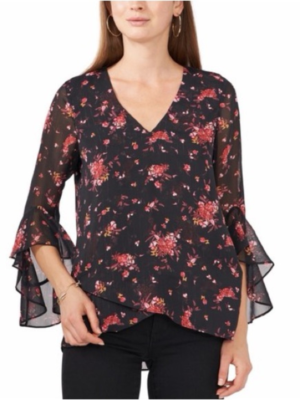 Vince Camuto Black Sheer Floral V-Neck Ruffle Sleeve Blouse